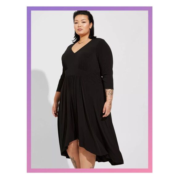 torrid Dresses & Skirts - NWT Torrid 4X Deep Black Tea Length Studio Knit Deep V Bodycon Dress Size 26